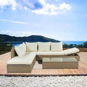 3-Pieces Market PE Rattan Wicker Outdoor Sofa Sectional Set Conversation Furniture Couch with Beige Cushions