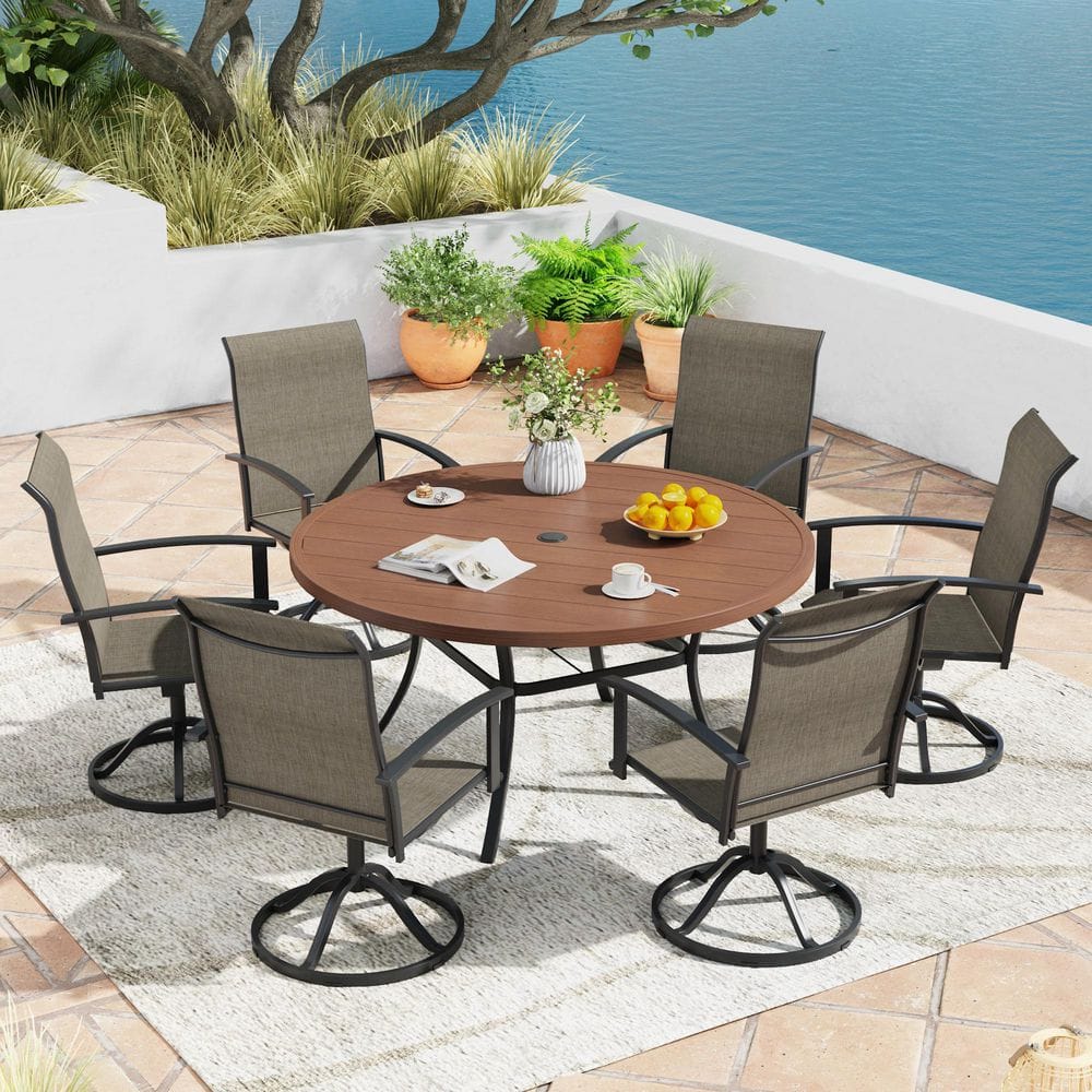 7-Piece Metal Outdoor Patio Dining Set with 50 in. Walnut Round Table and 6 Brown Textilene Swivel Dining Chairs price history on PriceWatchPro