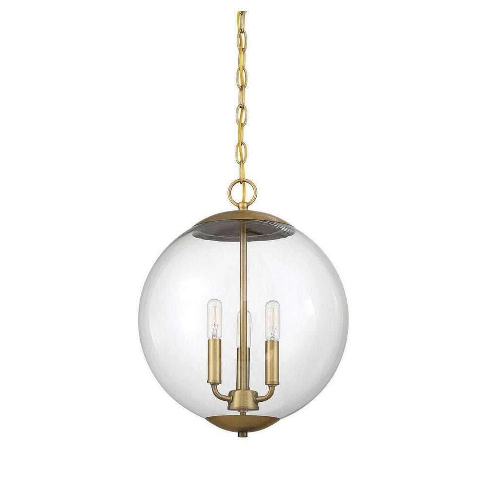 Contemporary Clear Glass Globe 3-Light Pendant in Natural Brass