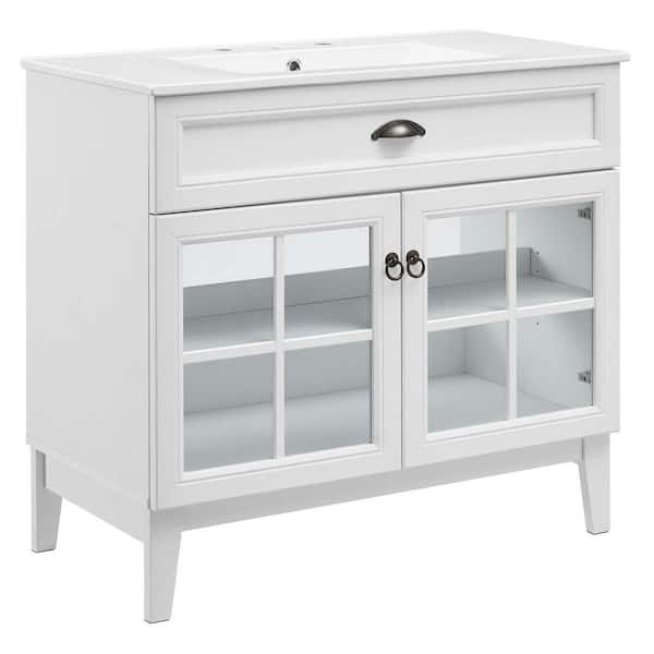 MODWAY Isle 36 in. W x 18.5 in. D x 33.5 in. H Bathroom Vanity Cabinet in White with White Ceramic Top