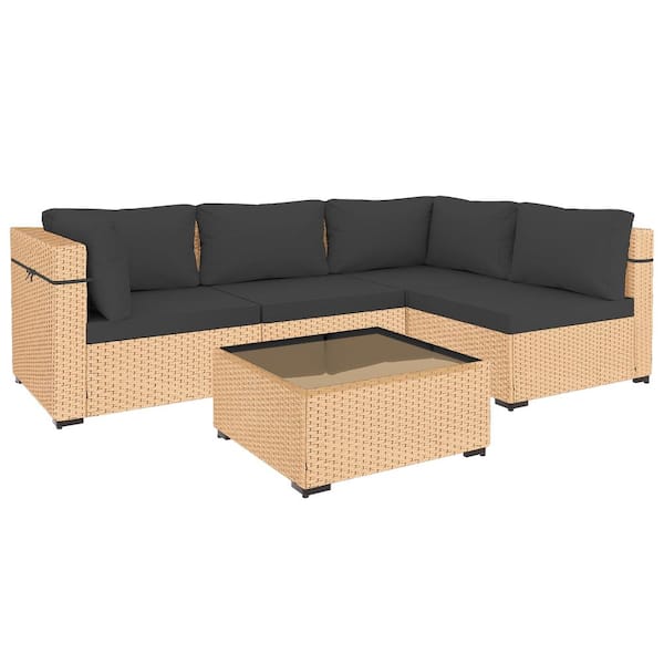 PATIOGUARDER 5-Piece Patio Conversation Set Beige Wicker with Dark Gray Cushions and Coffee Table