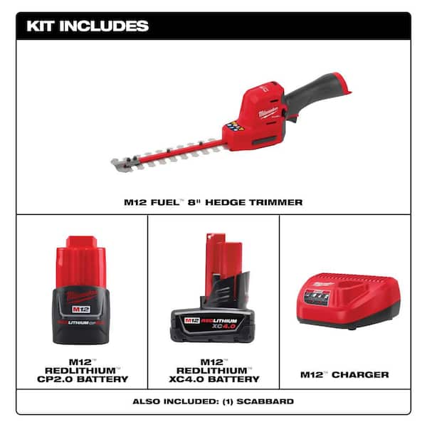 M12 FUEL 8 in. 12V Lithium-Ion Brushless Cordless Hedge Trimmer Kit w/4.0 Ah & 2.0 Ah Battery and Charger