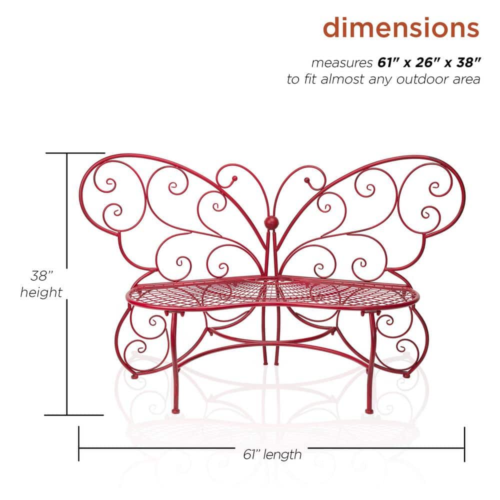 Bright-Red Butterfly-Shaped Metal Garden Bench, 62"L x 26"W x 38"H