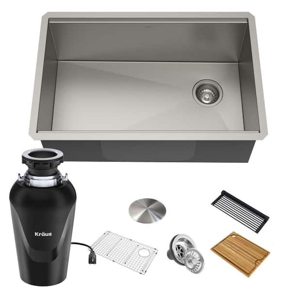 Kore Workstation 27" Undermount Single Bowl Stainless Steel Kitchen Sink with WasteGuard Garbage Disposal