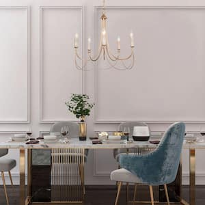 Modern Satin Gold French Country Farmhouse 5-Light Chandelier Vintage Candlestick High Ceiling Light