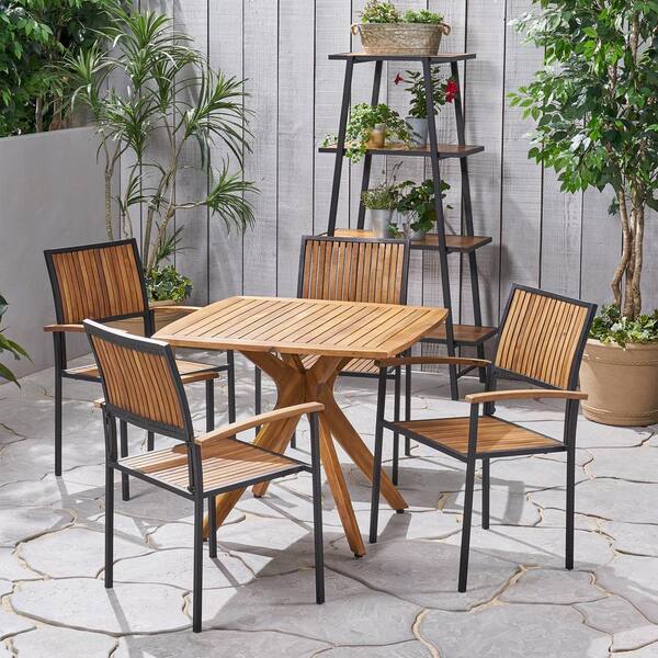 Noble House Alametos Teak Brown 5Piece Wood Square Outdoor Dining Set