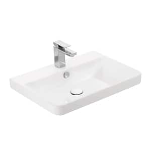 Luxury 60 WG Wall Mount or Drop-In Rectangular Bathroom Sink in Glossy White with Single Faucet Hole