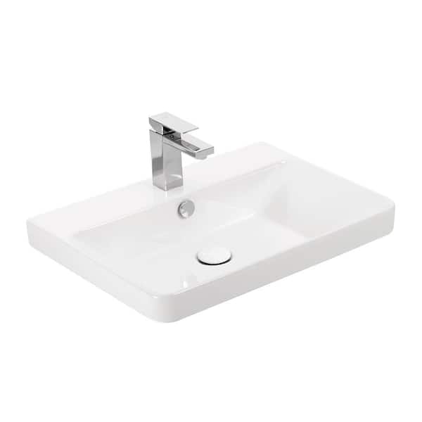 WS Bath Collections Luxury 60 WG Wall Mount or Drop-In Rectangular Bathroom Sink in Glossy White with Single Faucet Hole