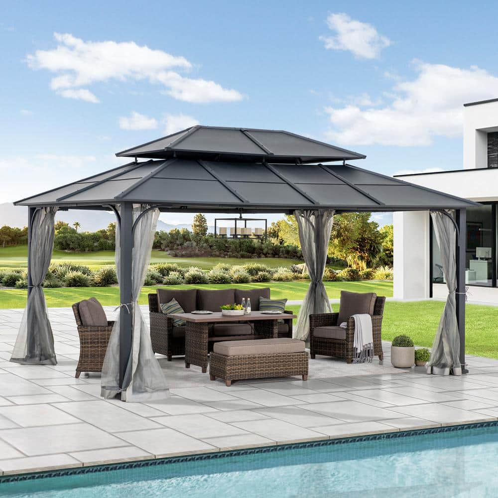 Sunjoy 12 x 16 ft. Black Steel Hardtop Gazebo with Netting