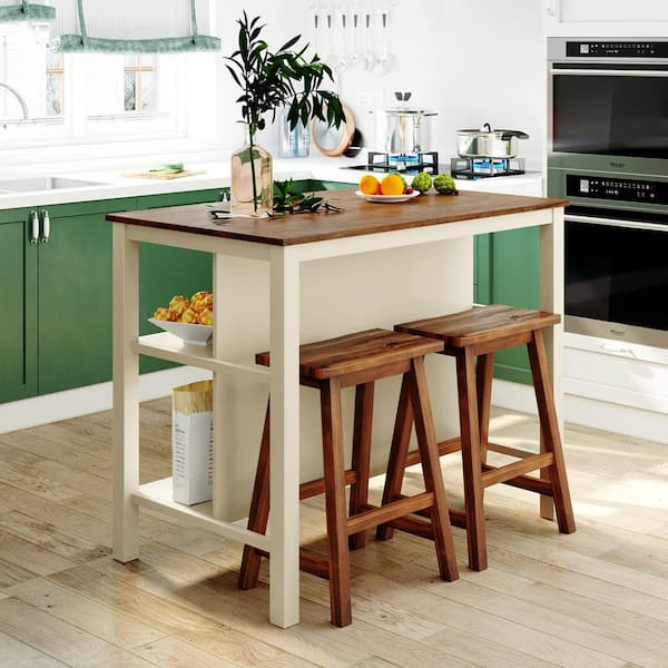 JEAREY Walnut and Cream White Wood 45 in. Kitchen Island with 2