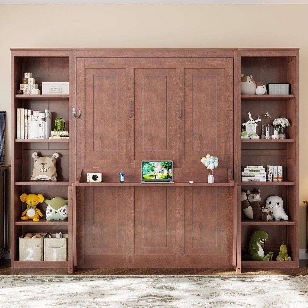 Dark Brown Wood Frame Queen Size Murphy Bed Wall Bed with Storage Bookshelves - thumbnail 9