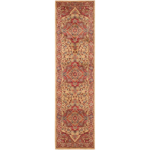 Mahal Red/Natural 2 ft. x 22 ft. Floral Border Medallion Runner Rug
