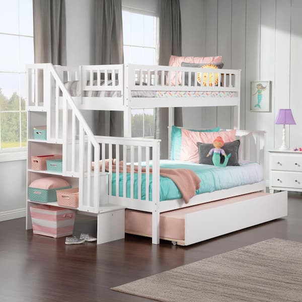 AFI Woodland Staircase Bunk Bed Twin over Full with Twin Size Urban Trundle Bed in White