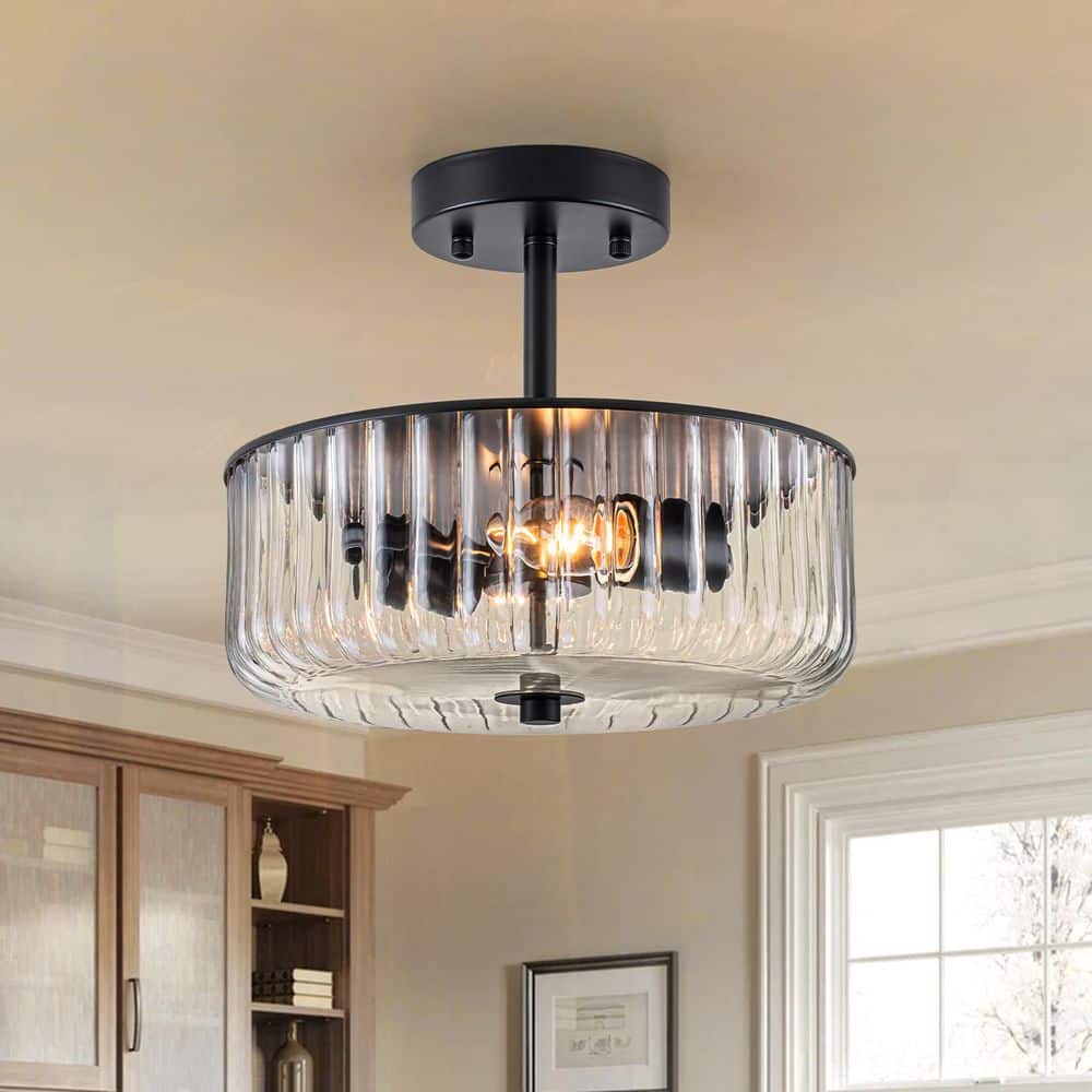 ZYZWMB 11 in. 2-Light Drum Matte Black Semi-Flush Mount with