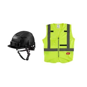 BOLT Black Type 2 Class C Front Brm Vented Safety Helmet w/Large/XL Yellow Class 2 High Vis. Safety Vest w/10-Pockets