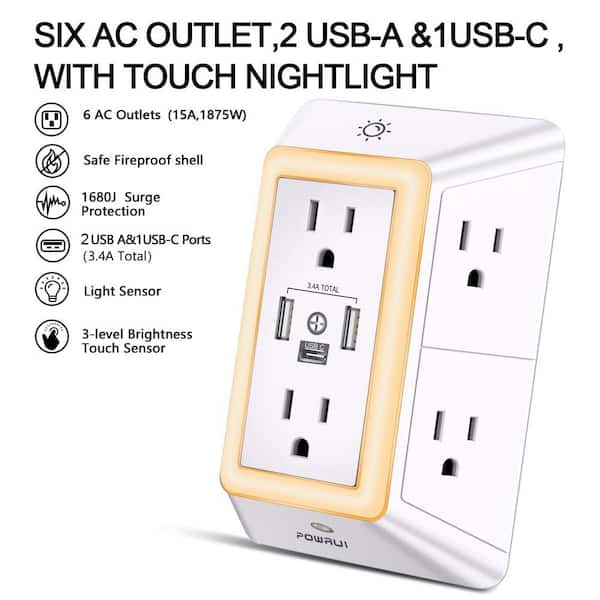 Lukyamzn Sided 6-Outlet Multi Plug Outlet Surge Protector in