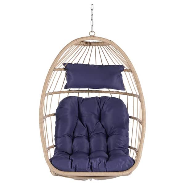 Tunearary 28.7 x 28.5 x 55.6 in. Wicker Outdoor Rocking Chair with Dark Blue Cushions, Swing Hanging Chair, Hanging