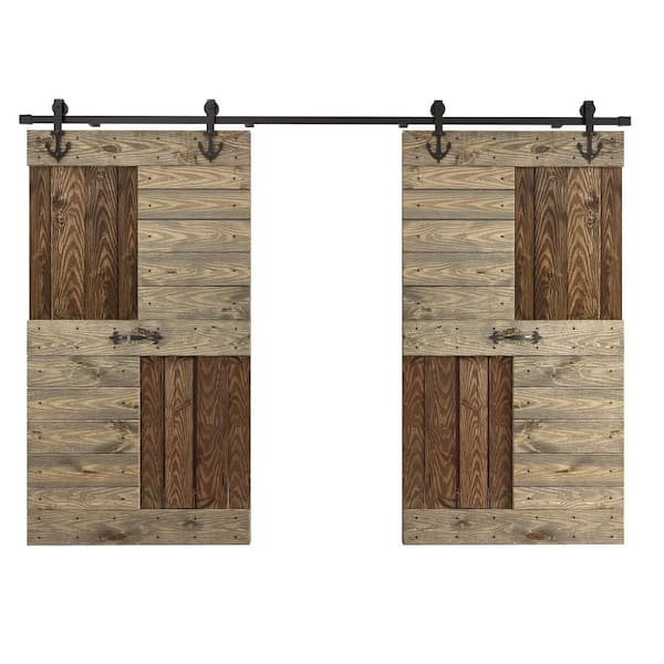 COAST SEQUOIA INC S Series Embossing 84 in. x 84 in. Dark Walnut/Aged Barrel DIY Knotty Wood Double Sliding Door with Hardware Kit