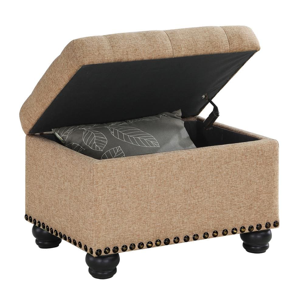 Tan Tufted Storage Ottoman with Nailhead Trim
