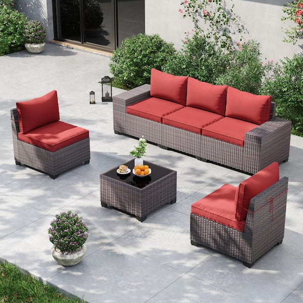 6-Piece Brown Wicker Outdoor Sectional Set with Wide Armrest, Black Tempered Glass and Red Cushions