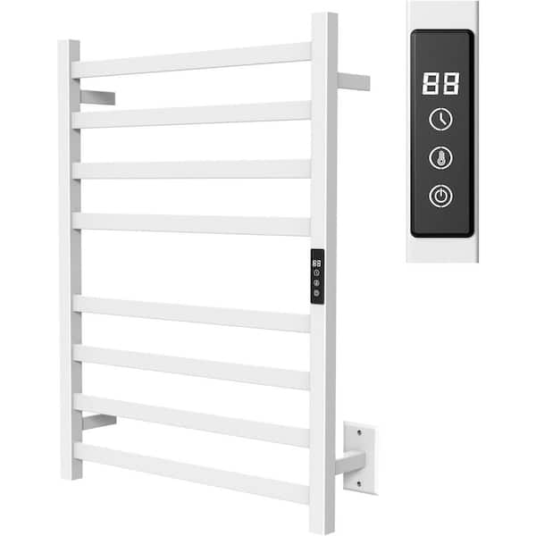 8-Bar Stainless Steel Heated Towel Rack Wall Mounted Waterproof with Timed Temperature Controller White Electric