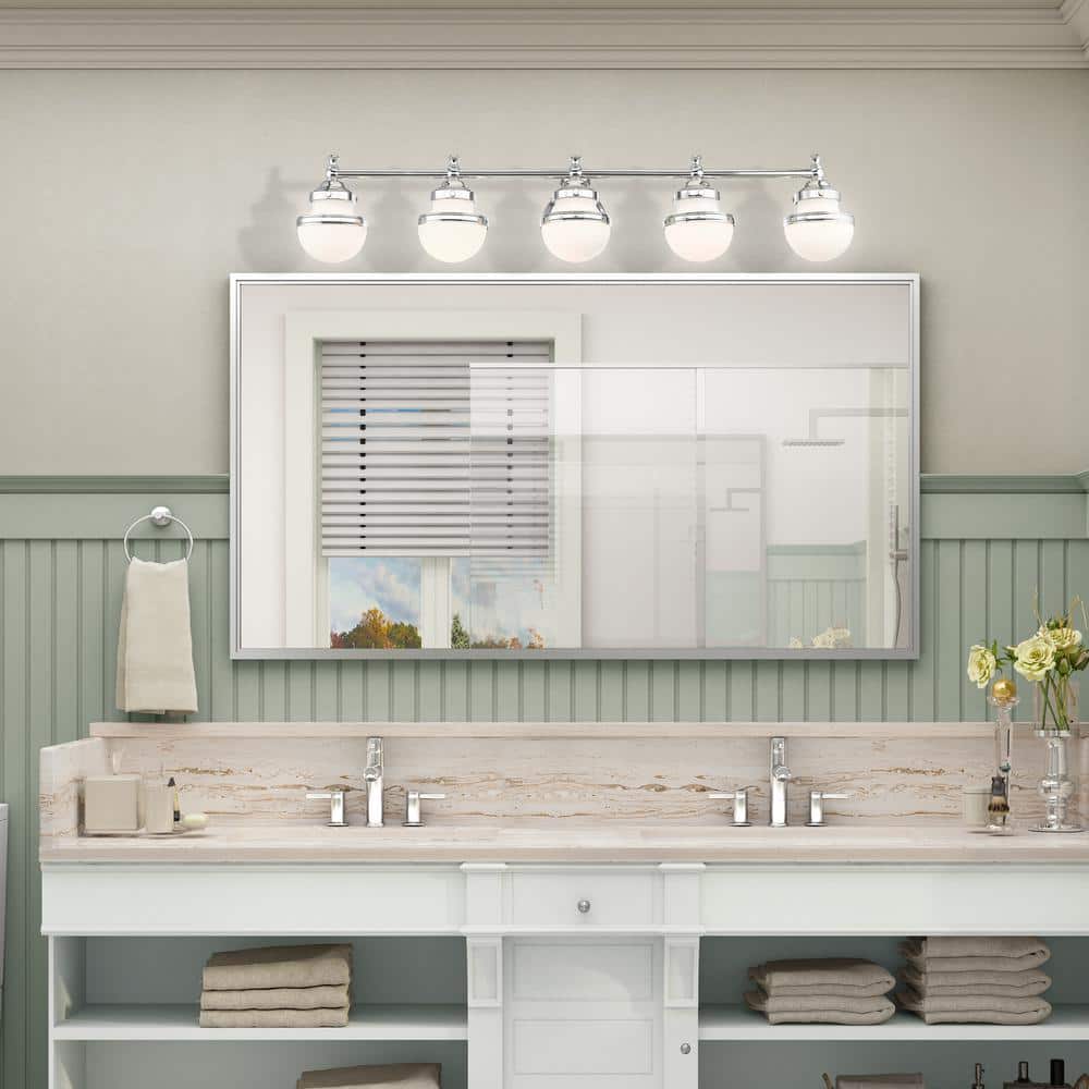 Oldwick Sleek 5-Light Polished Chrome Vanity with Satin Opal Glass