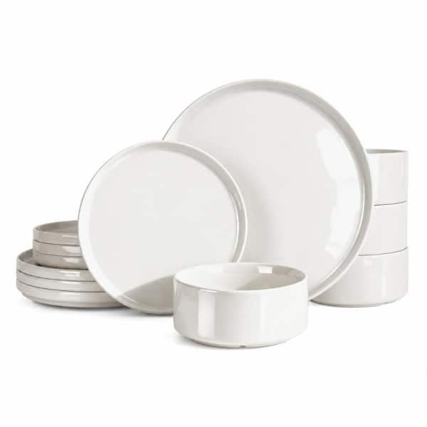 12-Piece White Porcelain Dinnerware Set with High-Rimmed Plates and Bowls, Service for 4 Set, Modern