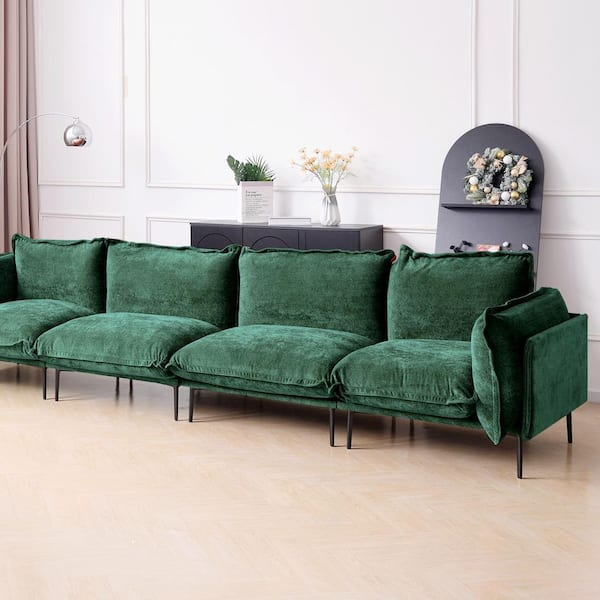 Modern 147 in. 4-Seater Tapered Arm Velvet Deep Seat Cloud Sofa with High Metal Legs for Robot Vacuum in Green