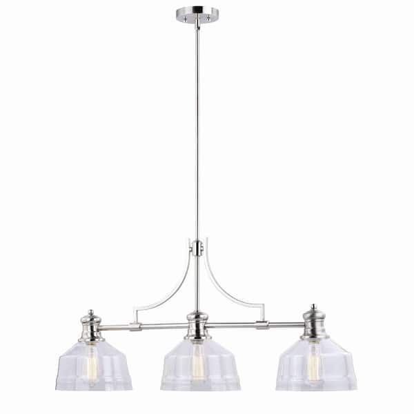 VAXCEL Beloit 3-Light Nickel Farmhouse Linear Chandelier Island Pendant Light Fixture Clear Glass
