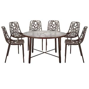 Devon Brown 7-Piece Aluminum Patio Outdoor Dining Set with Glass Top Table and 6 Stackable Chairs