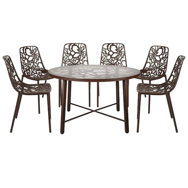 Leisuremod Devon Brown 7-Piece Aluminum Patio Outdoor Dining Set with Glass Top Table and 6 Stackable Chairs