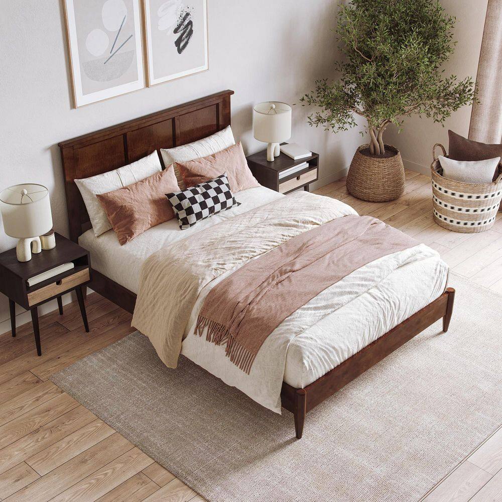 Charlotte Full Walnut Solid Wood Platform Bed with Headboard