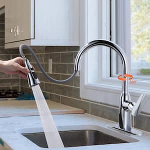 Stainless Steel 3-Functions Single-Handle Pull Down Sprayer Kitchen Faucet with Deck Plate in Polished Chrome
