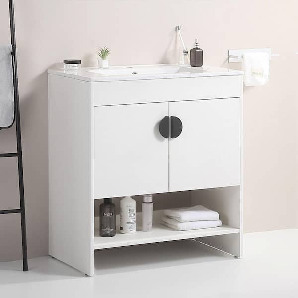 HwoamneT 29.90 in. W x 18.30 in. D x 32.60 in. H Freestanding Bath Vanity in White with Single White Ceramic Basin Top