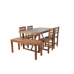 6 Pcs Patio Acacia Wood Brown Outdoor Dining Table and Chair Set with Bench Chair for Patio Balcony and Backyard
