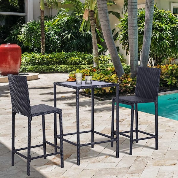 Unbranded 3-Piece Rattan and Aluminum Bar Set with Glass Top Table and  Bar Stools-All-Weather Outdoor Patio Bistro Set FCW2225P217543