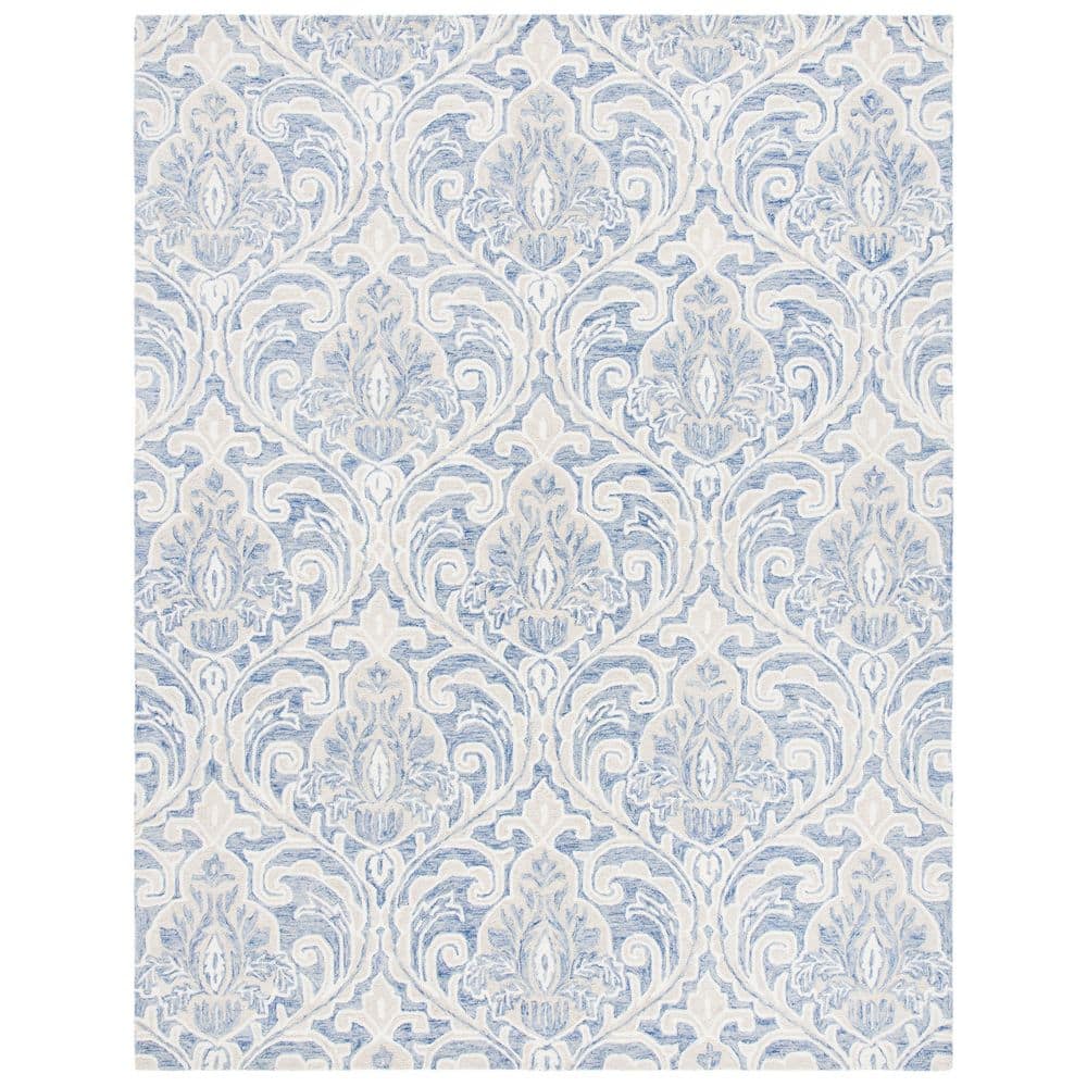 Handmade Medallion Tufted Wool Rug 9' x 12' in Blue and Ivory