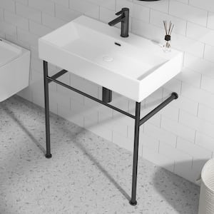 Turner 30 in. Vitreous China White Console Sink Basin and Matte Black Stainless Steel Legs Combo with Overflow