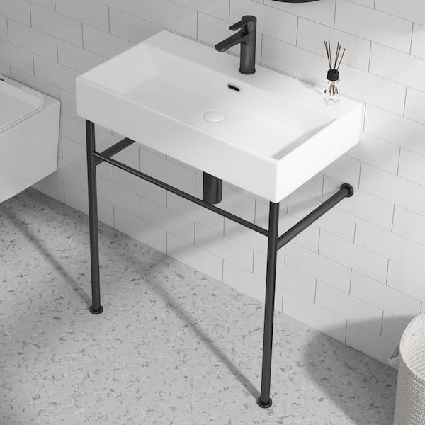 Eridanus Turner 30 in. Vitreous China White Console Sink Basin and Matte Black Stainless Steel Legs Combo with Overflow