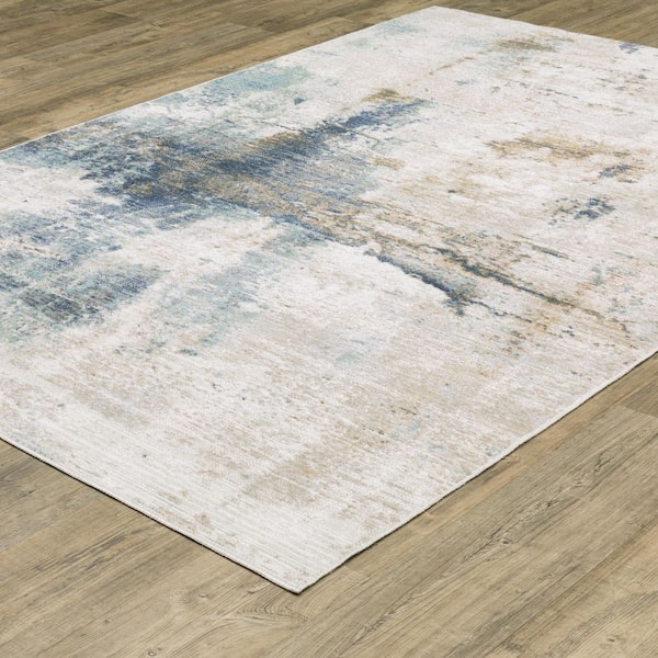 Claire Ivory/Blue 5 ft. x 8 ft. Abstract Distressed Polypropylene-Polyester Blend Indoor Area Rug