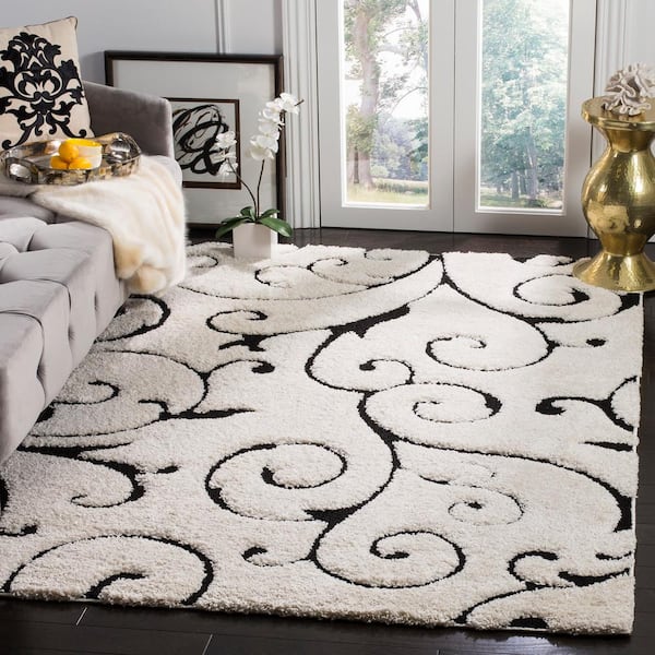 Florida Shag Ivory/Black Doormat 3 ft. x 5 ft. High-Low Floral Area Rug