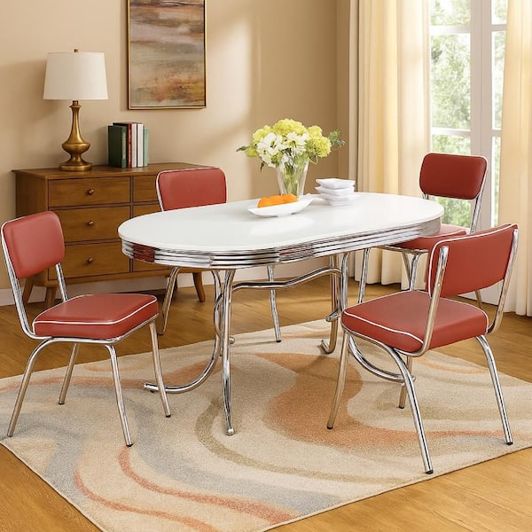 赤白　テーブル Coaster Retro 5-Piece Round White and Red Wood Top Dining Room