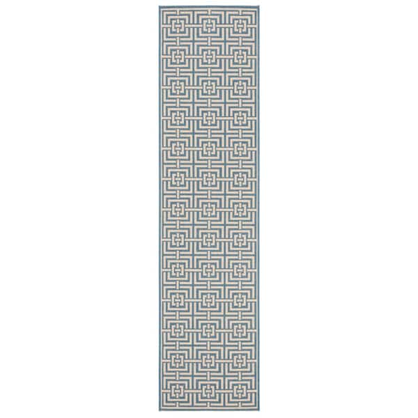 SAFAVIEH Beach House Blue/Cream 2 ft. x 12 ft. Geometric Fretwork Indoor/Outdoor Patio  Runner Rug