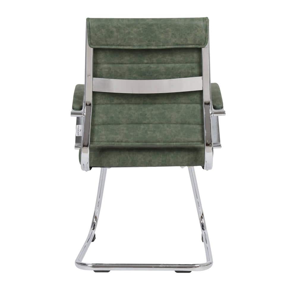 Green Leather Office Chair with Fixed Arms and Metal Frame