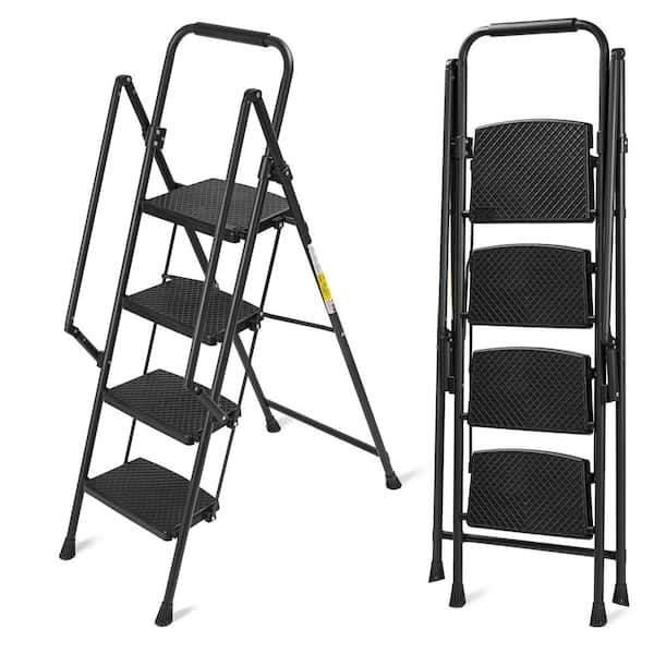 4-Step Steel Folding Step Stool Ladder with Wide Anti Slip Pedal and Safety Handle, Black