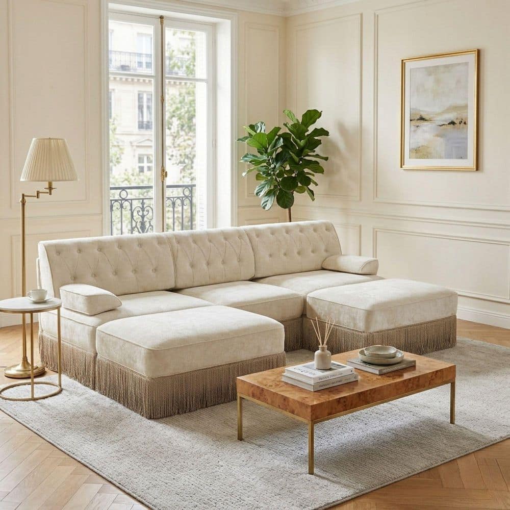 Homy Casa LEON 106.1 in.5-Piece Velvet Modular Sectional Sofa Set with Fringe Skirt and 2-Ottomans in Cream Beige, Easy Assemble LEON-ZOE-WH