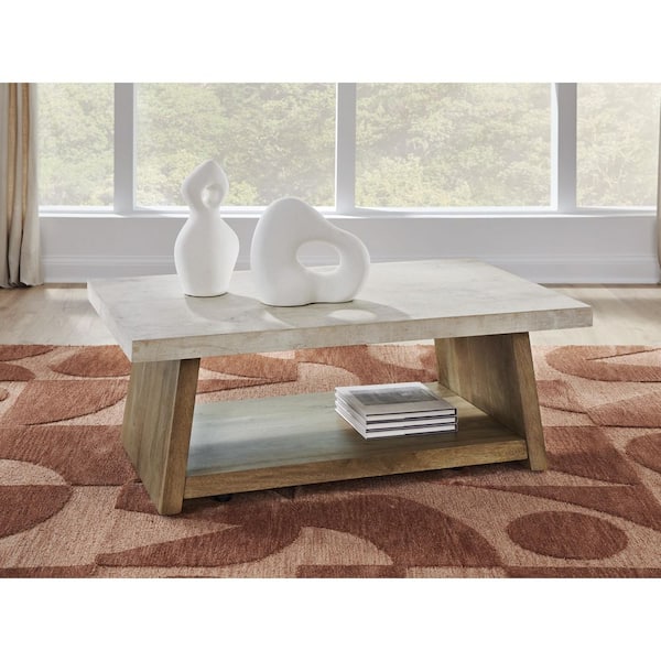 Brendalhouse 47.75 in. Light Brown Rectangle MDF Coffee Table with Shelves and Wheels