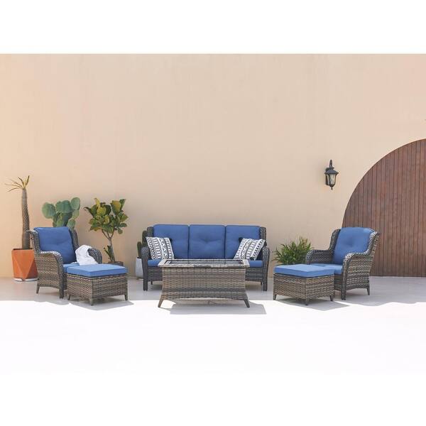 Gymojoy Carolina Gray Wicker Outdoor Chair with Blue Cushions (2