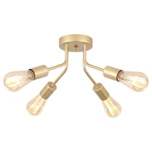 14.76 in. 4-Light Gold Modern Sputnik Linear Semi- Flush Mount Ceiling Light Chandeliers for Bedrooms