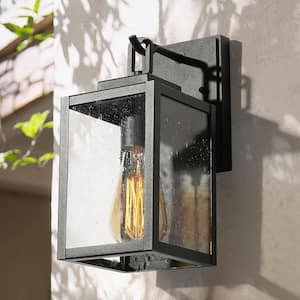 Black Outdoor Wall Sconce, Garage Porch Entry Water-resistant Anti-Rust Square Exterior Lighting with Seeded Glass Shade